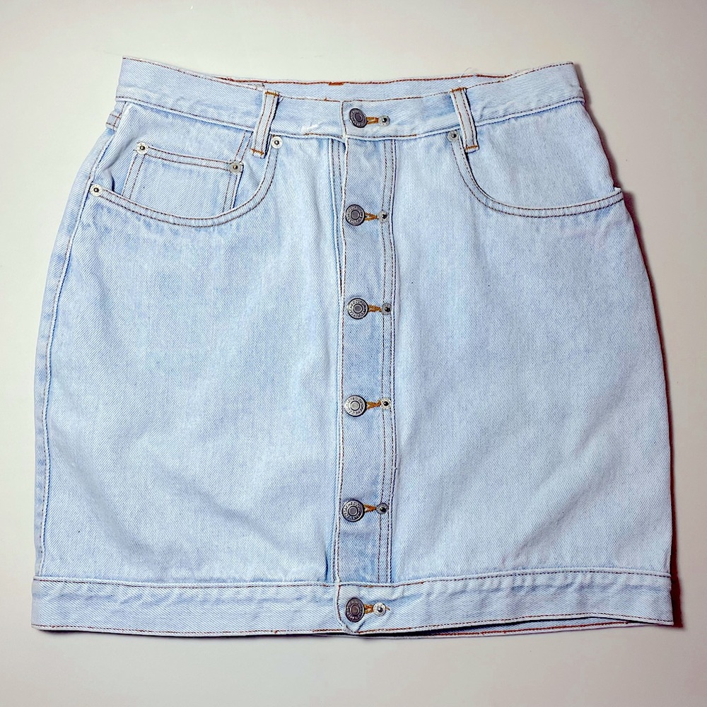 Jordache - Vintage Button Down Denim Jean Mini Skirt - Light Blue, 100% Cotton
